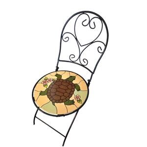 Metal Fold Up Plant Stand Chair Turtle Mosaic Garden Decor Porch